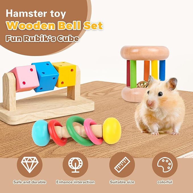 7 Pcs Wooden Hamster Toys,Hamster Chew Toys,Safe Eco-Friendly Rabbit Toys,Wooden Small Animal Cage Accessories, Bite-Resistant Guinea Pigs for Small Animals Playing Teeth Grinding Indoor