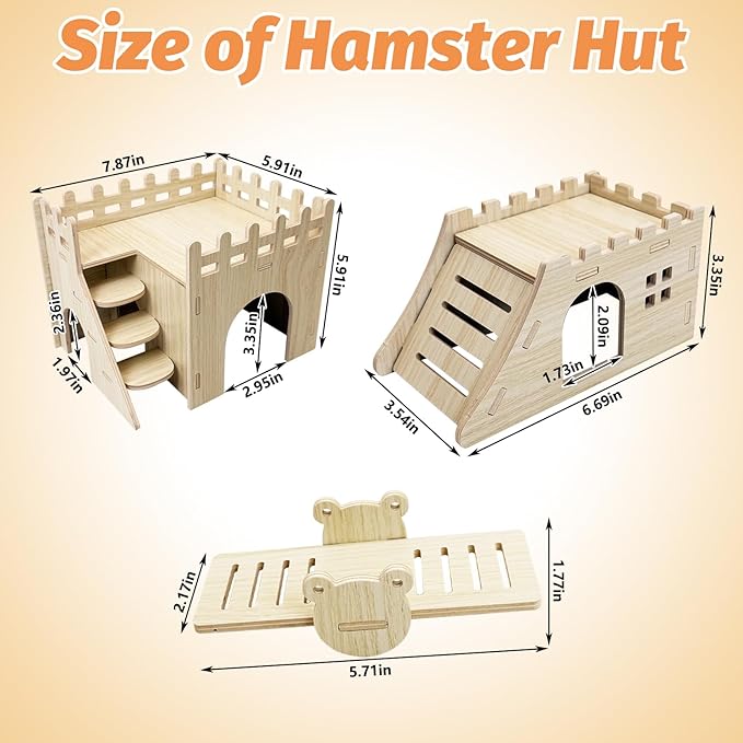 BNOSDM Hamster Hideout Set Gerbil Wooden House with Stairs Wood Hide Hut with Fun Slid Seesaw Dwarf Cage Accessories for Syrian Hamsters Mouse Mice