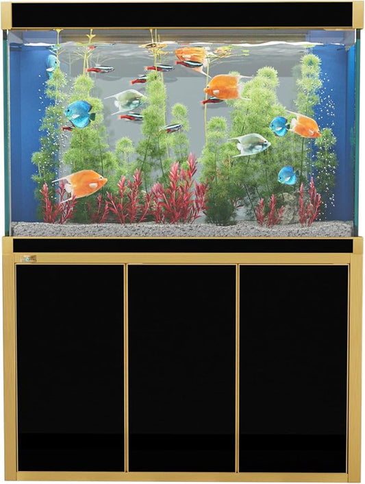 135 Gallon Aquarium Fish Tank with Upright Fishtank Stand Water Pump Freshwater Filter LED Bundle and Straight Corners Clear Glass - Black with Gold Trims