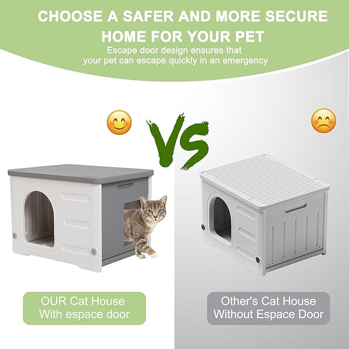 Waterproof Cat House for Outdoor Cats, Plastic Feral Cat House with Escape Door and Soft Mat, Large Indoor Cat House for Mutiple Cats - Grey
