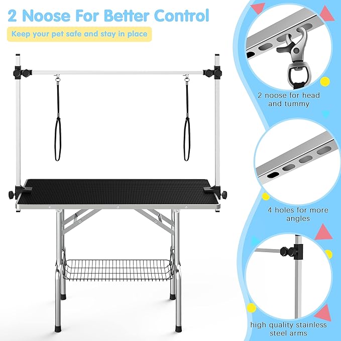 36''Large Dog Grooming Table, Adjustable Cat Drying Desktop with Arms, Nooses, Mesh Tray, Foldable Pet Station at Home, Maximum Capacity Up to 330Lb, 36inch, Black