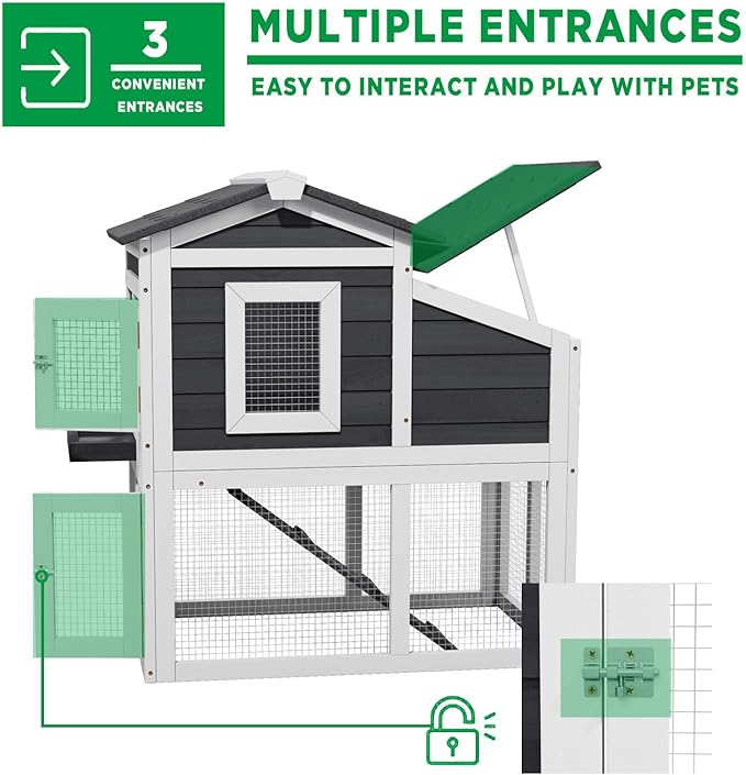 2-Story Rabbit Hutch Indoor, Wooden Furniture Style Bunny Cage with Run for Rabbits Guinea Pigs, Removable Tray & Openable Roof