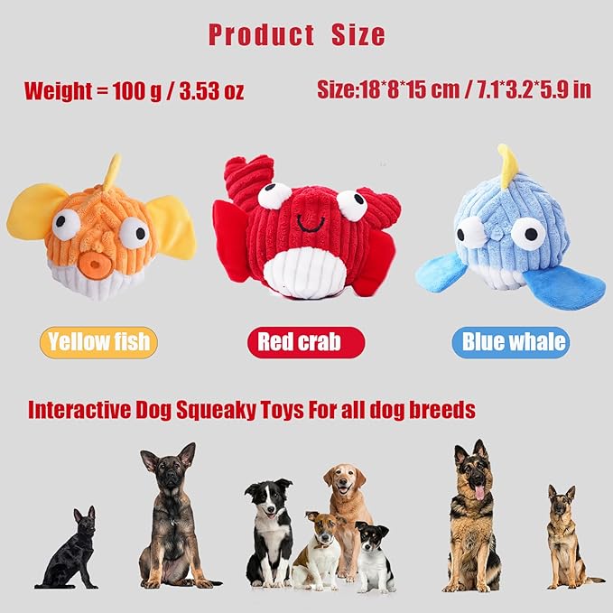 Squeak Dog Toys for Aggressive Chewers, No Stuffing Squeak Dog Chew Toys for Aggressive Chewers, Interactive Dog Toy Ball with Crinkle Paper for Medium Dogs, Large & Small Breeds (E-Crab+Fish)