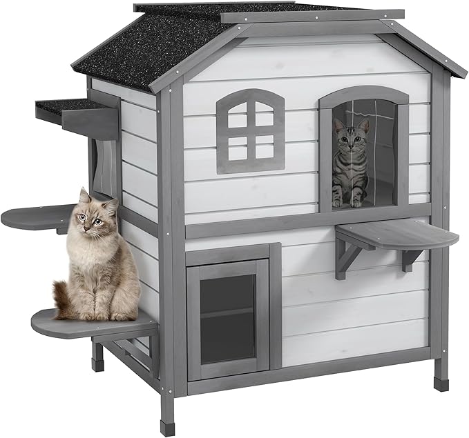 PawHut 2-Story Cat House Outdoor, Weatherproof Wooden Cat Enclosure for Feral Cats with Escape Door, Openable Roof, Jumping Platforms, White