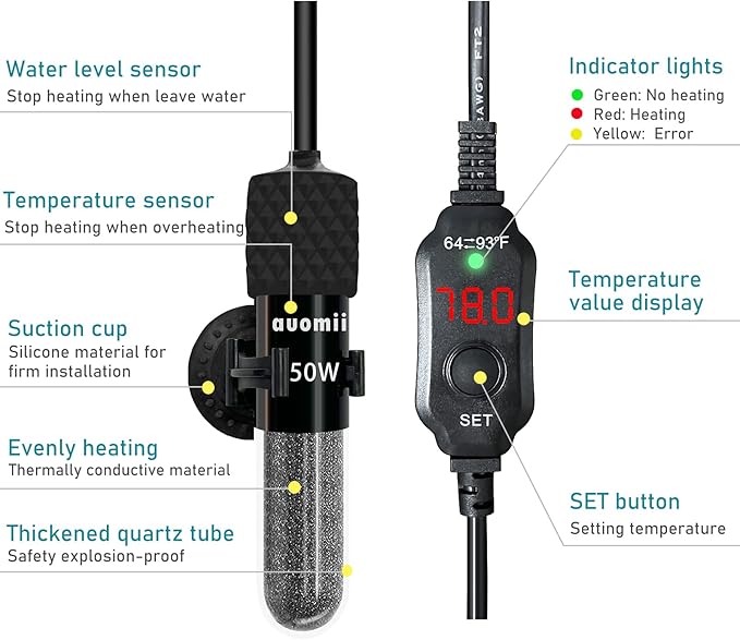 Small Submersible Aquarium Heater,Adjustable Mini Fish Tank Heater 25/50/100/150/200/300 Watts with External Temperature Controller, LED Display, Smart Memory, Used for 1-60 Gallons (150W)