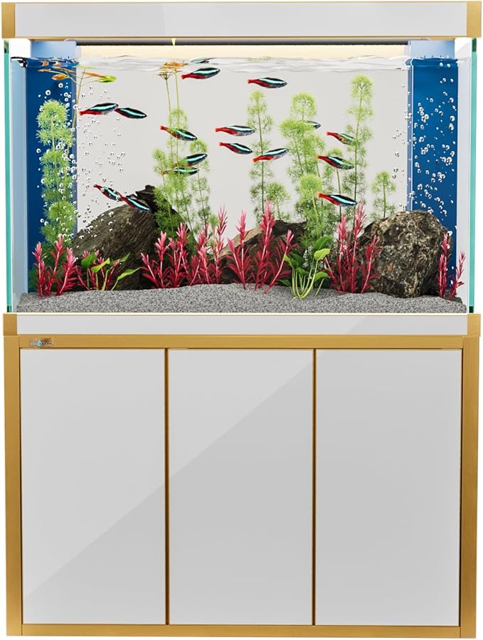 175 Gallon Aquarium Fish Tank with Upright Fishtank Stand Water Pump Freshwater Filter LED Bundle and Straight Corners Clear Glass - White with Gold Trims