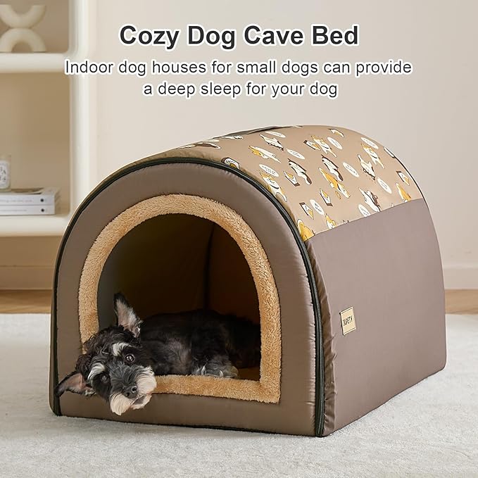 Jiupety Indoor Dog House, 2-in-1 Portable Foldable House Bed with Cover, Pet Tent & Cave Bed for Medium Dogs, XL(28"×21"×19"), Up to 40 Lb, Brown