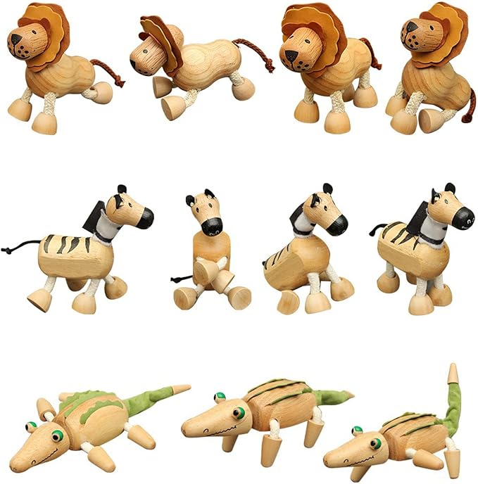 6 Pack Bendable Wooden Animal Figurines - Smooth Natural Wood Zoo & Jungle Safari Animals - Preschool Learning & Education Toys for Toddlers & Kids