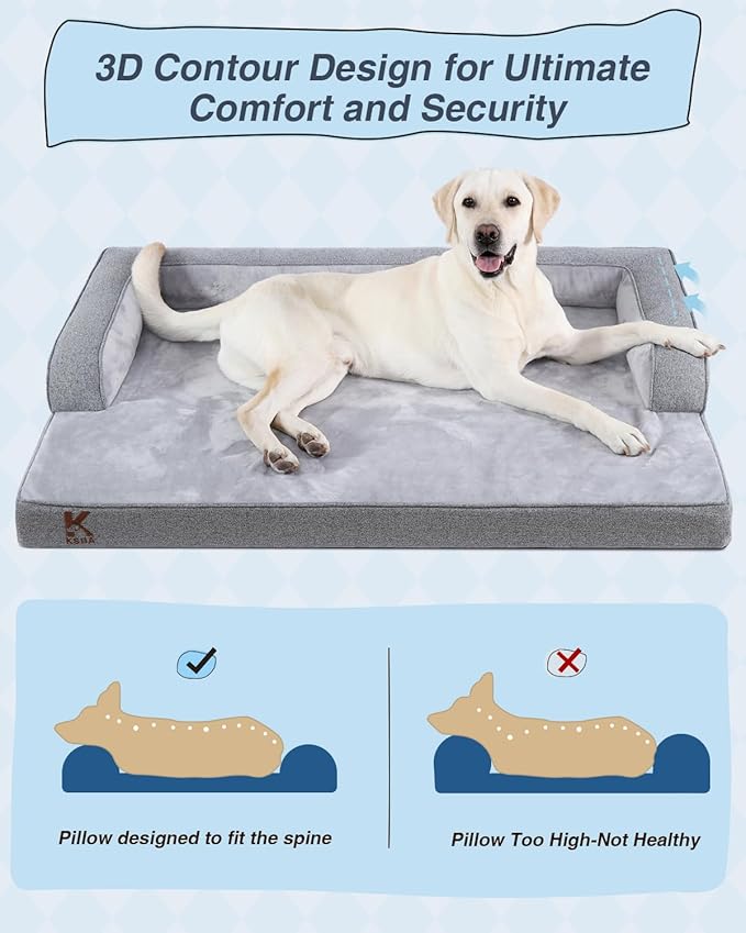 KSIIA Washable XL Dog Bed for Extra Large Dog U-Shaped Bolster Pet Couch with Removable Waterproof Cover, Non-Slip Bottom and Egg-Crate Orthopedic Foam Pet Bed, 47 x 32 Inch, Gray