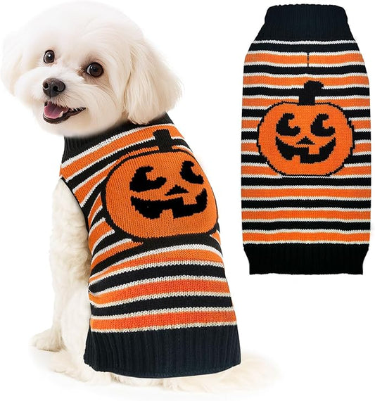 BAEJMJK Cute Halloween Dog Sweater Soft Striped Pumpkin Puppy Sweaters with Leash Hole Warm Turtleneck Pet Dog Clothes Costume for Small Medium Large Dogs Cats(Medium)