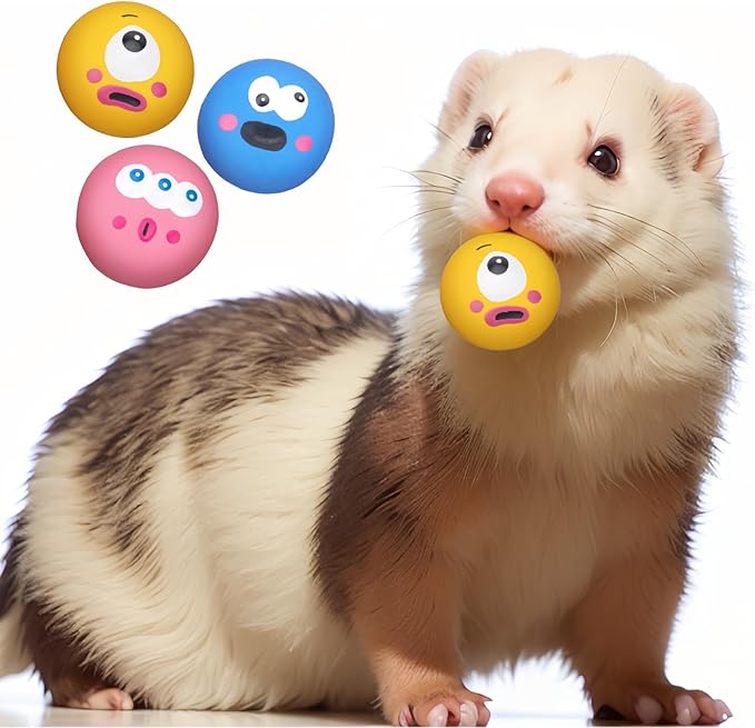 Natural Rubber Squeaker Toys for Ferret,High Elasticity Ferret Latex Squeaker Balls 3 Pack,Tough Teething Toys Big Eyes Printed Toy Ball for Small Dogs,Easy to Clean