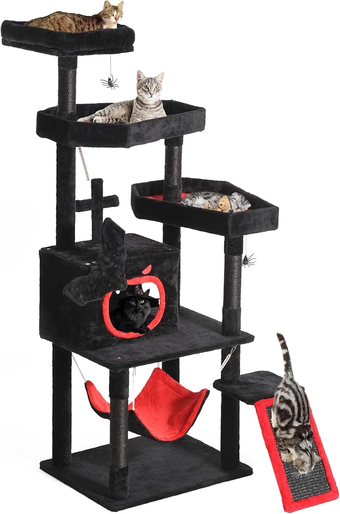 YITAHOME Gothic Cat Tree with Coffin Bed, 63" Tall Cat Tower for Indoor Cats with Top Perch, Spacious Cat Condos, Spider Hanging Balls,Comfy Hammock, Scratching Post and Ladder, Black Halloween