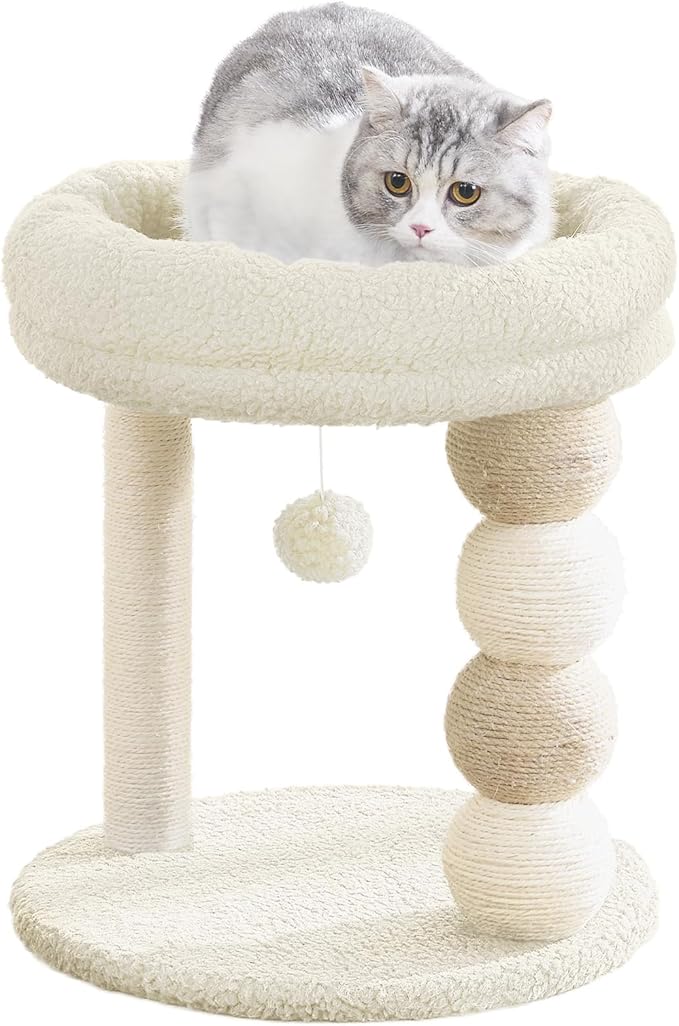 YOCAN Small Cat Tree Tower Indoor with Large Cozy Plush Top Perch, Natural Sisal Scratching Posts, Interactive Dangling Ball Great for Kittens and Cats (White)