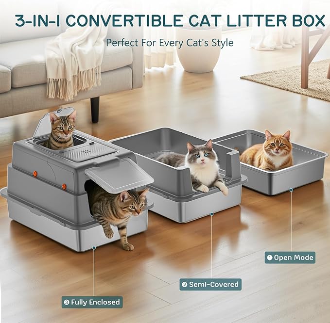 Stainless Steel Litter Box with Lid, 28" XXXL Large Cat Litter Box Enclosed for Multiple Cats, Odor Control with Carbon Filters, Anti-Leak High Sided, Includes Removable Lid & Scoop, Dark Gray