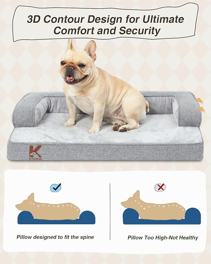 KSIIA Washable Dog Bed for Small Dogs U-Shaped Bolster Pet Couch with Removable Waterproof Cover, Non-Slip Bottom and Egg-Crate Orthopedic Foam Pet Bed, 29 x 18 Inch, Gray