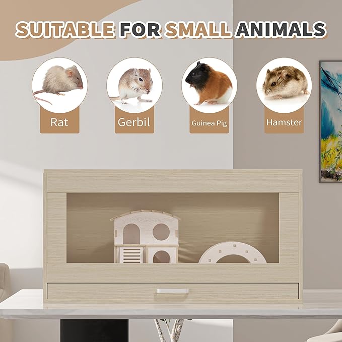 Guinea Pig Cages, Hamster Cage Wood with Independent Storage Cabinet, House for Rat Chinchilla with Guinea Pig Hutch and Bridge, Openable Top with Acrylic Sheets(Teak+Wood, 32.28 inch)