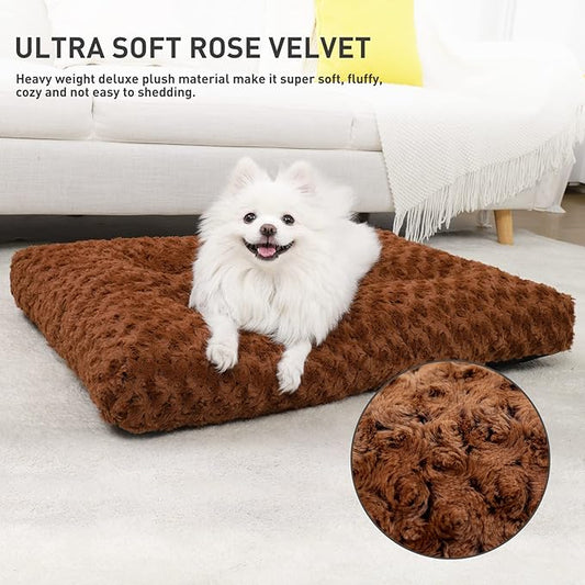 KSIIA Washable Dog Bed Deluxe Plush Dog Crate Beds Comfy Kennel Pad Anti-Slip Pet Sleeping Mat for Large, Jumbo, Medium, Small Dogs Breeds, 23" x 18", Brown