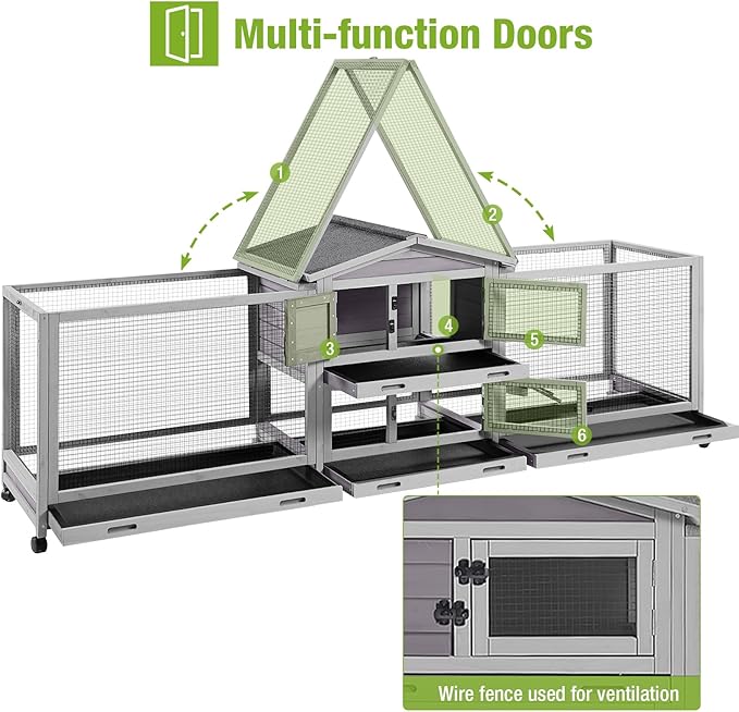 93.7" Large Rabbit Hutch Indoor & Outdoor, Rabbit Cage with 8 Wheels, Bunny Hutch with 4 Deep No Leakage Pull Out Trays