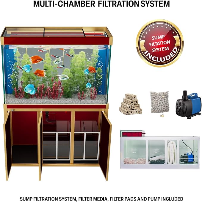135 Gallon Aquarium Fish Tank with Upright Fishtank Stand Water Pump Freshwater Filter LED Bundle and Straight Corners Clear Glass - Red with Gold Trims