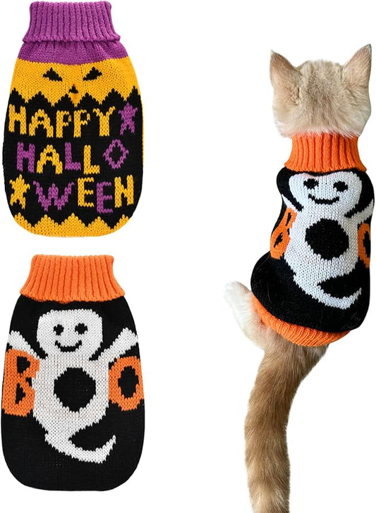 2Pcs Halloween Dog Sweaters Kitten Cat Knitwear Puppy Cat Halloween Pumpkin Ghost Sweater Pet Halloween Sweater Clothes Outfit Costume for Kittens Cats Puppies Small Medium Dogs S
