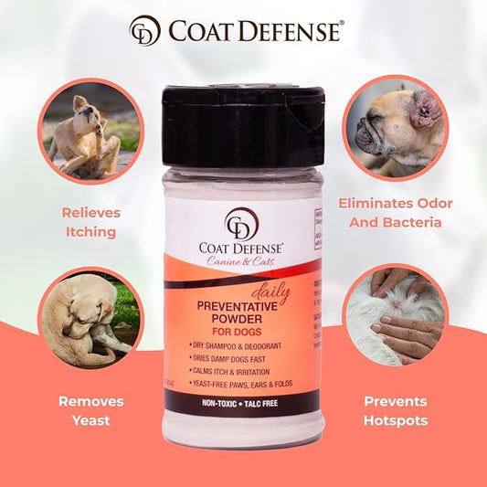 COAT DEFENSE Preventative Powder | Made in USA | 3.5oz Waterless Dog Shampoo & Pet Deodorizer for Smelly Dogs | Provides Anti Itch Relief | Dog Shampoo for Dry Itchy Skin & Smelly Dogs