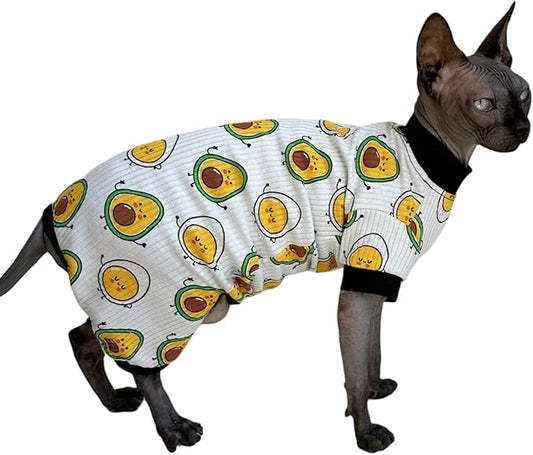 Sphynx Cat Four Leg Cotton Pajamas Elastic Pet Clothes for Hairless Cats Surgery Recovery Suit Cat Undershirt Clothes for Sphynx, Devon, Cornish (Egg & Avocado, XL)
