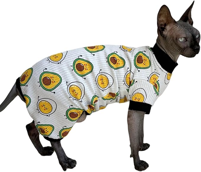 Sphynx Cat Four Leg Cotton Pajamas Elastic Pet Clothes for Hairless Cats Surgery Recovery Suit Cat Undershirt Clothes for Sphynx, Devon, Cornish (Egg & Avocado, M)