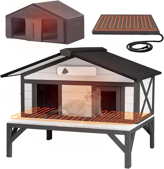 GUTINNEEN Heated Outdoor Cat House Insulated Feral Kitty Shelter Insulated Weatherproof Winter Outdoor Cat Shelter with Heated Pad and Insulated Liner,White and Black