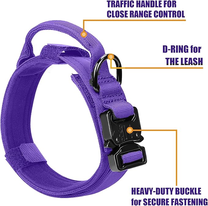 Tactical Dog Collar and Bungee Leash Set, Adjustable Military Training Nylon Dog Collar with Controll Handle and Heavy Metal Buckle，with USA American Flag, Patches and Airtags Case (Purple, XL)