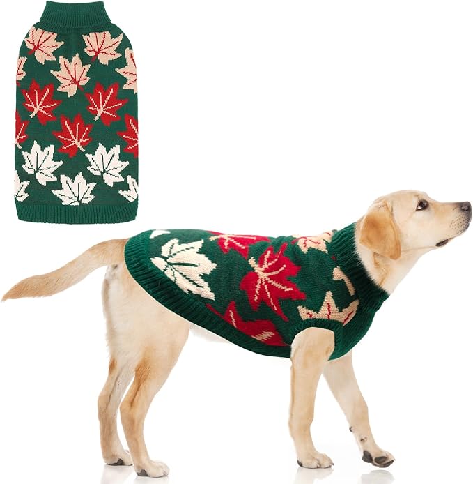 KOOLTAIL Fall Dog Sweater, Thanksgiving Dog Sweater with Autumn Maple Leaf Pattern, Cold Weather Pet Knitted Winter Coats Clothes Turtleneck Pullover for Small Medium Large Dogs Cat Boy Girl, Green