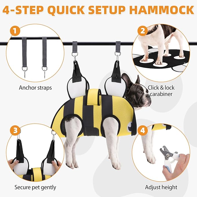 Dog Grooming Hammock for Small Dogs Cats, Cute Bee Design Dog Hanging Harness for Nail Trimming/Clipping, Pet Sling with Grooming Kit and Thick Neck Support & Strap Restraint Claw Care, XS