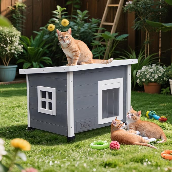 Outdoor Wooden Pet House, Weatherproof Winter Shelter for Dogs and Cats, Elevated Design with Window (Gray)