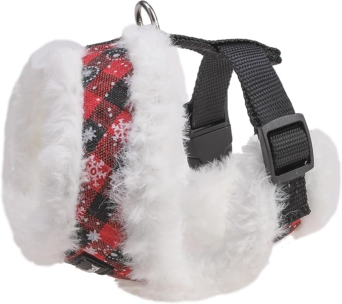 SCENEREAL Dog Christmas Harness Collar and Leash Set, Warm Fleece No Pull Puppy Vest Harnesses No Chock Adjustible Step in Small Pet Halter for Outdoor Walking Training, Black Red Plaid S
