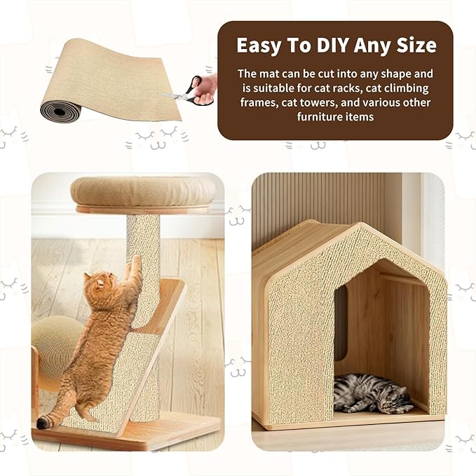 Cat Scratching Mat, Trimmable Self-Adhesive Cat Scratch Furniture Protector with 10 Screws 10pcs Adhesive Tape, 118" x 15.8" DIY Cats Scratch Mat for Indoor, Wall, Doors, Couch and Cat Tree Shelves