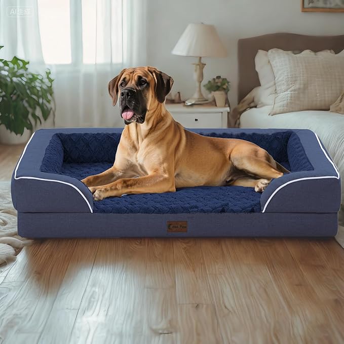 Orthopedic Dog Beds, Waterproof Memory Foam Large Sized Dog Bed with Sides, Non-Slip Bottom and Egg-Crate Foam Big Dogs Beds with Removable Washable Cover(Large,Navy Blue)