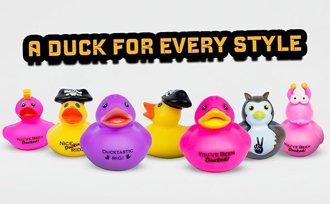 Ducks with 5 Fun Logos for Jeep Ducking – 50 Pack of Bulk Assorted Duckies with Unique Designs for 4x4 Drivers, Dashboard Displays, Off-Road Duck Tagging, Trail Gifts, and Adult Ducking Traditions