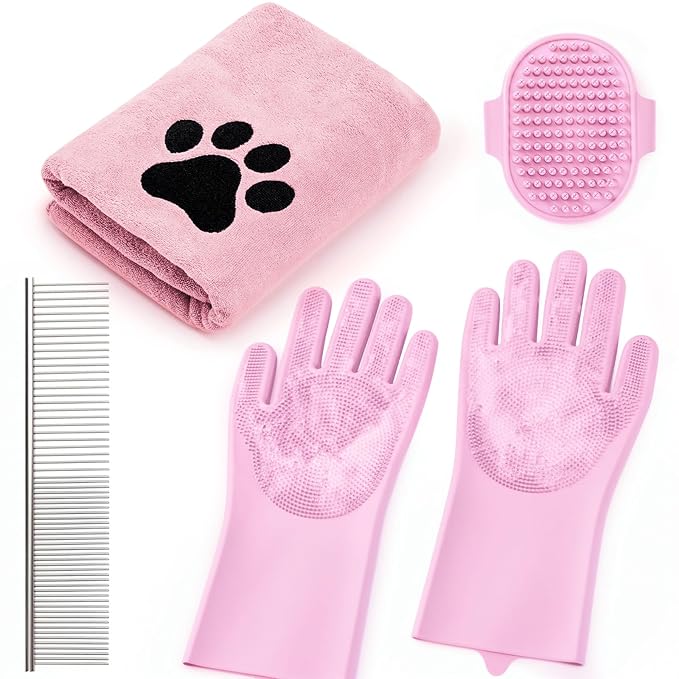 Pet Shower & Bath Supplies，Dog Shampoo Brush Set with Towel, Washing Gloves,Comb for Dogs and Cats (Pink)