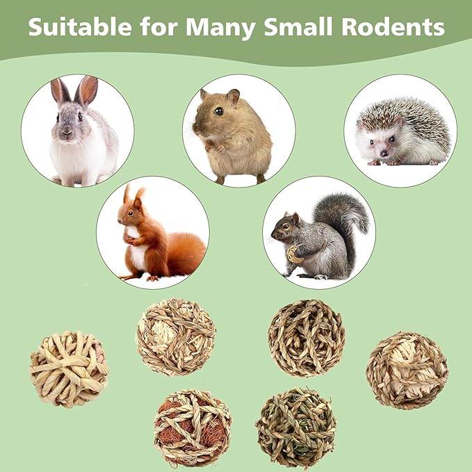 William Craft 2.9 Inch Bunny Chew Grass Balls, 6 Pcs Rolling Chew Toys for Small Animals, Natural Chew Grass Toys and Bunny Treats for Rabbits, Guinea Pigs, Chinchillas, Hamsters, Mice Teeth Grinding