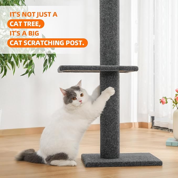Cat Tree Floor to Ceiling Cat Tower 5-Tier Carpet Kitten Tree Cat Climbing Tower with Adjustable Height 98"-108", Tall Cat Trees with Platforms and Dangling Balls for Indoor Cats, Medium Grey