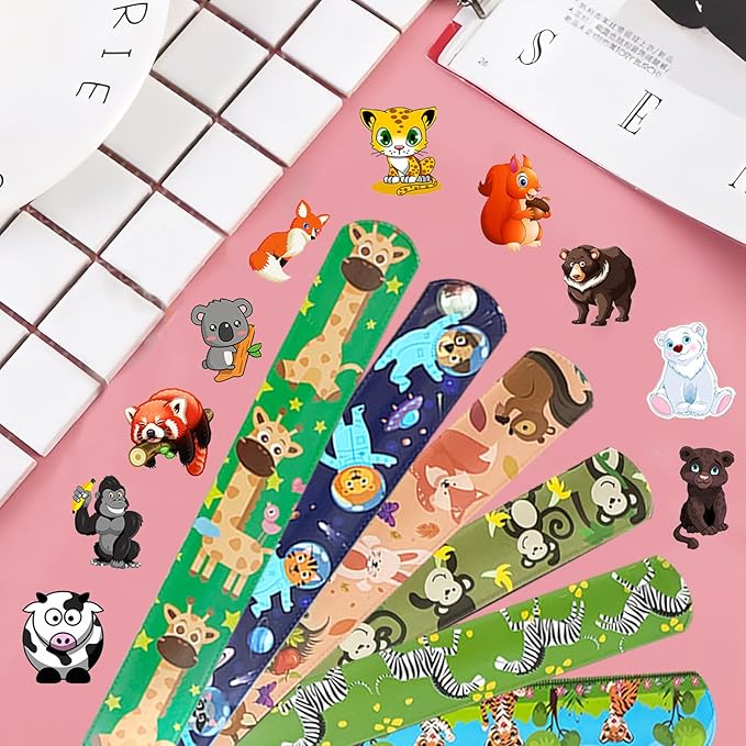 74PCS Forest Animals Party Favor 50PCS Woodland Party Stickers&24PCS Slap Bracelets Jungle Animals Birthday Supplies Team Gift Fillers School Classroom games Rewards Supplies