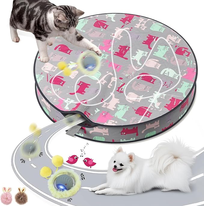 Interactive Cat Toys for Indoor Cats, Automatic Motion Cat Toy in Pouch Fast Rolling Ball in Play Mat Hide and Seek Mouse Catching Game with Chirping Stimulation,Led Light,Auto On/Off(Grey)