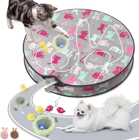 Interactive Cat Toys for Indoor Cats, Automatic Motion Cat Toy in Pouch Fast Rolling Ball in Play Mat Hide and Seek Mouse Catching Game with Chirping Stimulation,Led Light,Auto On/Off(Grey)