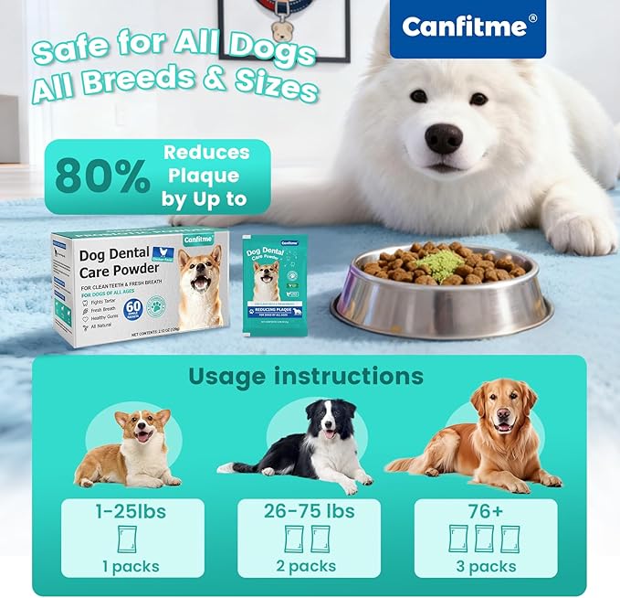 Dog Dental Powder for Teeth Cleaning, Dog Teeth Cleaning Powder for Dogs with Probiotic & Tartar Remover, Fresh Breath Support, No Brushing Oral Care, Chicken Flavor, 60ct
