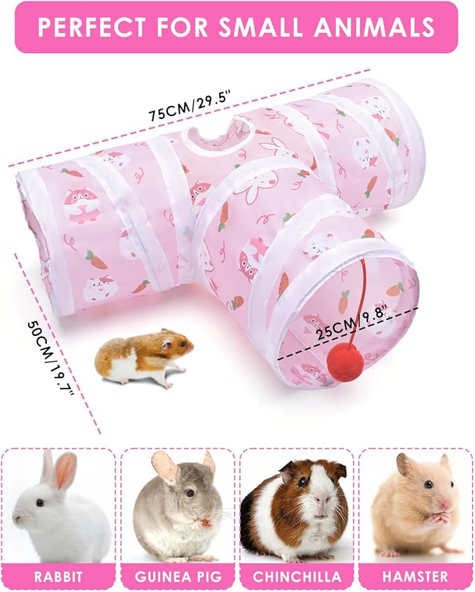 Bissap Rabbit Tunnel, 9.8'' Collapsible Bunny Tunnel and Tube 3 Ways Pet Hideout with 1 Play Ball for Indoor Kittens Dwarf Rabbits Bunnies Guinea Pigs Chinchillas Small Animal Activity Fun Toys (Pink)