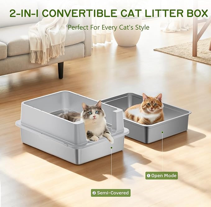 Stainless Steel Litter Box - 28" Extra Large XXXL Cat Litter Box with High Sides, Non-Sticky & Anti-Leakage for Big Cats/Multiple Cats, Includes Heavy Duty Metal Scoop, Grey