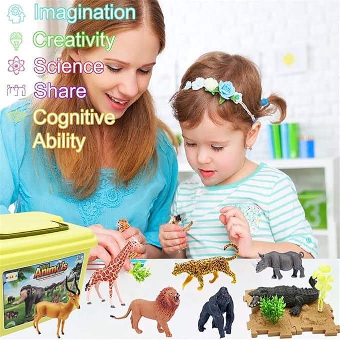 65PCS Safari Animals Figures Toys, Realistic Plastic Jungle Zoo Wild Animals with Fence Building Blocks Storage Box Christmas Birthday Gift for Kids 3-8