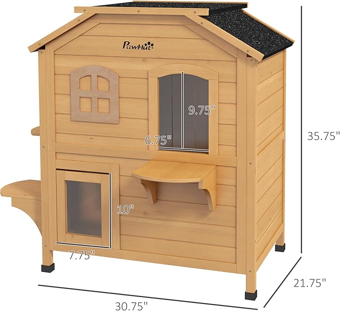 PawHut 2-Story Cat House Outdoor, Weatherproof Wooden Cat Enclosure for Feral Cats with Escape Door, Openable Roof, Jumping Platforms, Natural