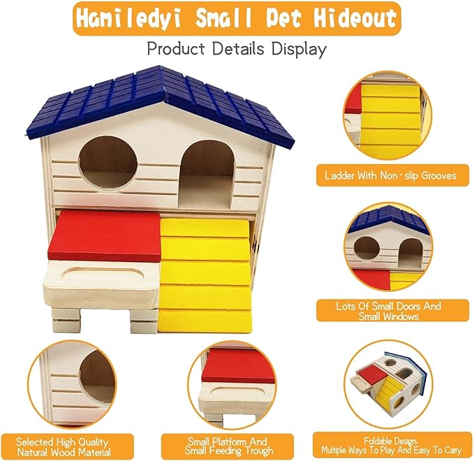 Hamiledyi Pet Small Animal Hideout Hamster House Deluxe Two Layers Wooden Hut Play Toys Chews