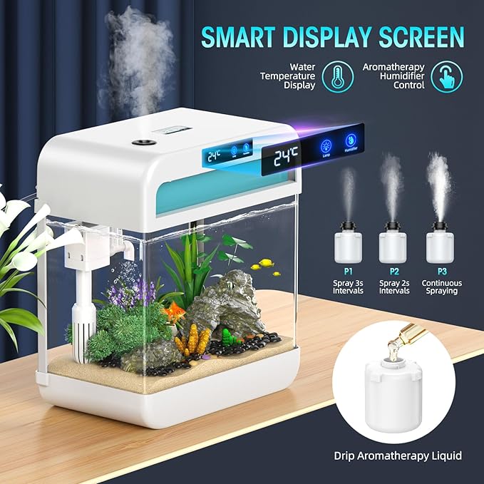 Fish Tank 2.2 Gallon Aquarium Tank Kit,with 3 Color Auto-Looping Light,Fish Bowl with Humidifier Pump,Fish Tank Small Aquarium,Temperature Display, Humidifier Function for Aquariums Starter Kits