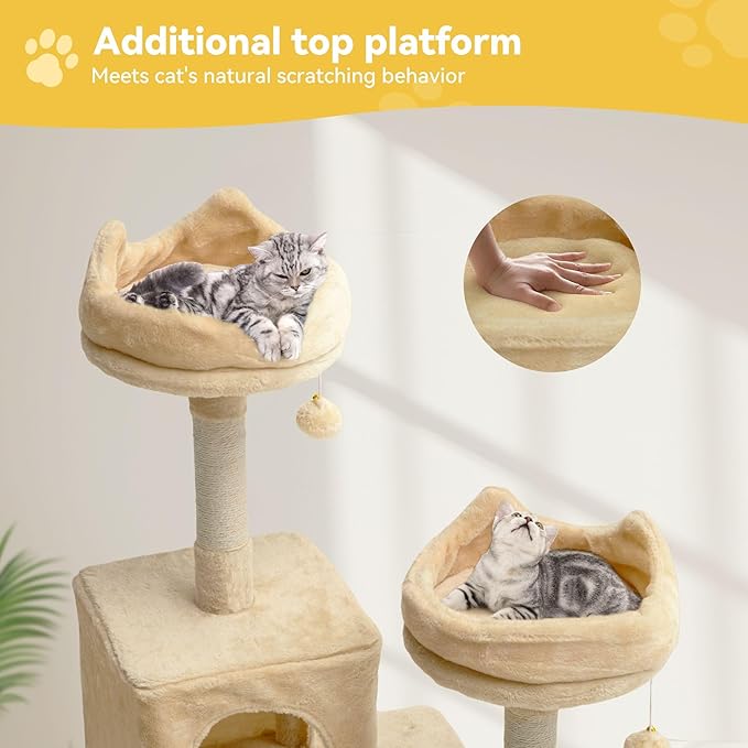 DWVO 75 in Multi-Level Cat Tower: Tall Cats Tree for Indoor Kittens, Pet Furniture with Kitty Condos, Top Perches, Sisal Ramp Scratching Posts, Cozy Basket, Hammocks, Beige